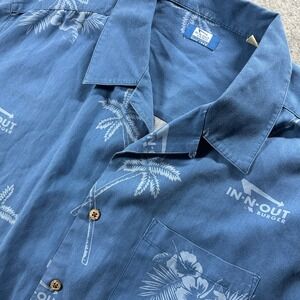 In-N-Out Burger Hawaiian Shirt Mens 2XL Blue Silk Cotton Palm Tree Logo Camp